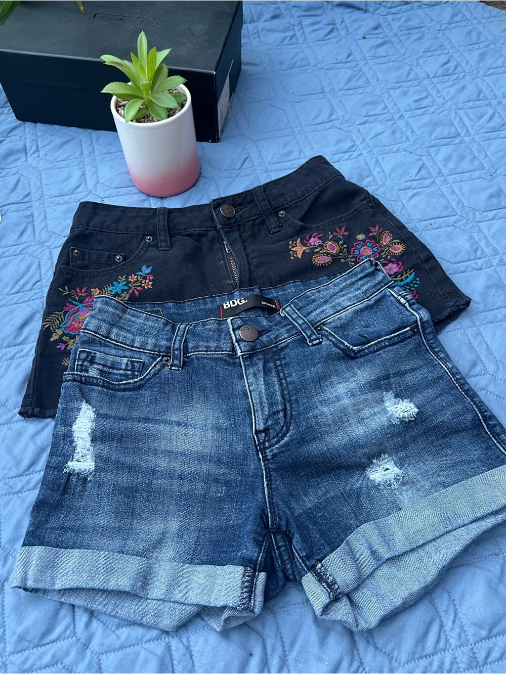 BDG Women's Black Embroidered Denim Shorts & Blue Rolled-Hem Jean Shorts